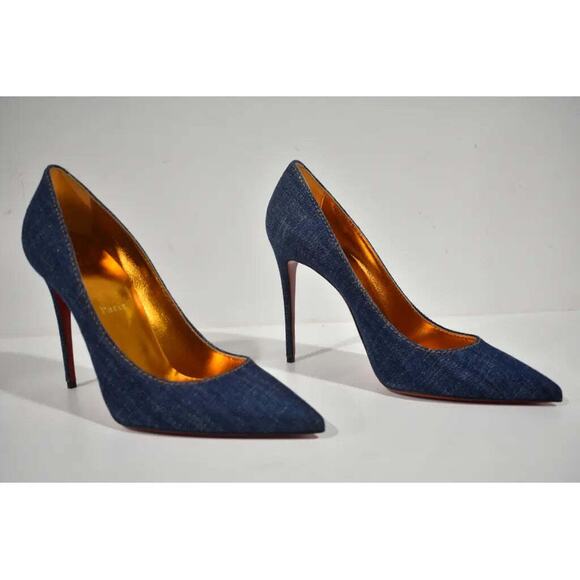 Christian Louboutin Kate 100 Blue Denim Saba Gold Stiletto Pointed Heel Pump 40 - Picture 4 of 12